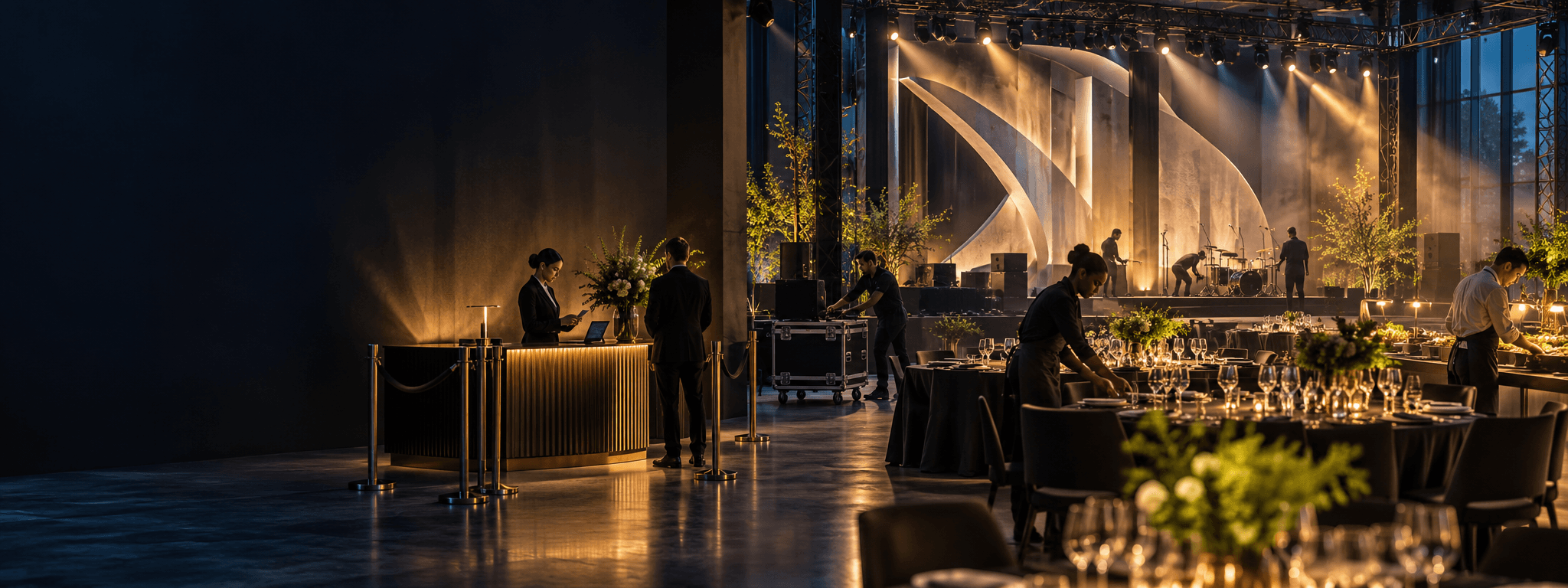 Event production crew preparing a refined venue, stage, technical equipment and dining area